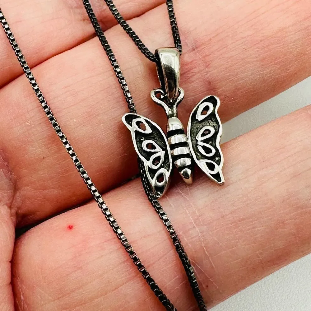 Butterfly Sterling Silver Necklace Black Rhodium Sterling Box Chain
